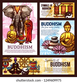 Buddhism religion design with holy symbols, vector. Monk in robe and elephant, Buddha statue and vase, lanterns and lotus flower. Pebble and chakras, fortune wheel and yin yang sign