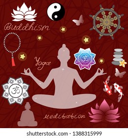 Buddhism religion design with holy symbols, vector. Woman in lotus position, koi carp, rosary. Pebble and Om Sign, Wheel of Fortune and Yin Yang Sign