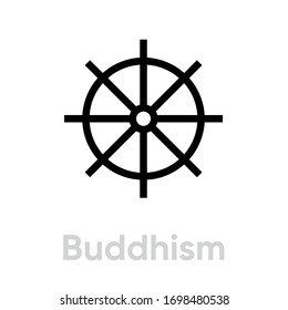 Buddhism Religion icon. Editable line vector. Stylized logo dharma wheel, eight spoke circle, symbol of enlightenment. Single pictogram.