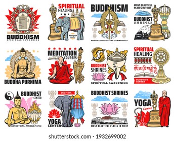 Buddhism religion icons, Buddha meditation and Buddhist Zen symbols, vector. Buddhism spiritual meditation and yoga center sign of Dharma wheel, Yin Yang and Tibet monk temple, stupa shrines and lotus