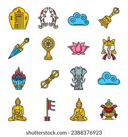 Buddhism religion icons and religious symbols of Dharma, vector lotus and Buddha. Tibetan Buddhism religious signs of victory banner, wish granting jewel and sacred elephant with Dharmachakra