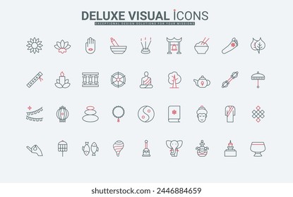 Buddhism religion line icons set. Dharma wheel and ceremony for prayer, temple with stupa and lotus, Buddha and monk Buddhist in meditation thin black and red outline symbols, vector illustration