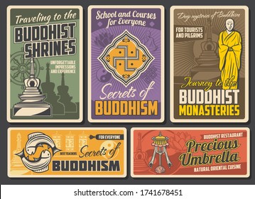 Buddhism religion retro posters. Vector Buddhist stupa building, tibetan monk, golden fishes and precious umbrella. Buddhism religion dharma and prayer wheel, swastika, Yin Yang symbol