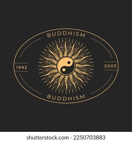 Buddhism religion sacred astrology or magic icon with Yin and Yang symbol and sun. Asian astrology or esoteric icon or tattoo. Buddhism philosophy or zodiac sign, sacred emblem or magic symbol