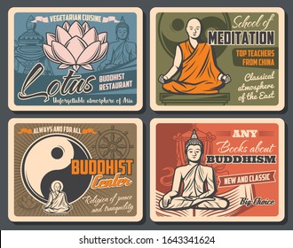 Buddhism religion sacred lotus, Buddha statue and yin yang symbol, dharma wheel, tibetan monk and prayer, vase of treasure and parasol vector posters. Buddhist center and school of meditation design