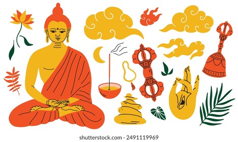 Buddhism religion sacred symbols, elements cartoon style vector illustrations set. Dorje, Vajra, bell, lotus flower, traditional oriental clouds, Meditating Buddha, mindfulness meditation, Vesak Day