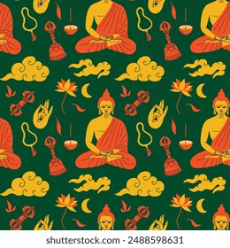 Buddhism religion sacred symbols seamless vector illustration pattern with meditating Buddha, Dorje, mudra, Vajra, bell, lotus flower, traditional oriental clouds elements in cartoon groovy style