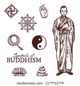 Buddhism religion sketch symbols. Vector icons of Buddha hand and Buddhist monastery monk with beads, Dharma wheel or Yin Yang and lotus flower, Zen stones and religious signs