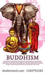 Buddhism religion sketch symbols. Vector golden Buddha statue in Zen meditation, Buddhist monastery monk with elephant and bumpa ritual vase. Religious signs