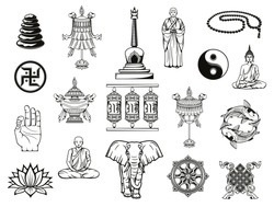 Buddhism Religion Sketches With Buddhist Religious Symbols. Vector Buddha, Dharma Wheel And Ying Yang, Lotus, Tibetan Monk Prayer Wheels And Meditation Beads, Temple Stupa, Om Mudra, Vase And Parasol