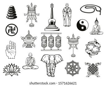 Buddhism religion sketches with Buddhist religious symbols. Vector Buddha, dharma wheel and ying yang, lotus, tibetan monk prayer wheels and meditation beads, temple stupa, om mudra, vase and parasol