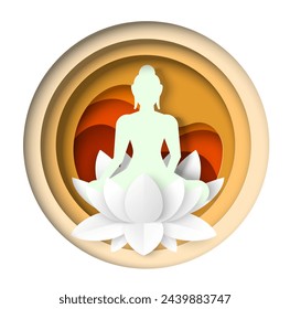 Ilustración del vector del papercut del símbolo de la religión del budismo aislado en el fondo blanco. Buda hombre espiritual meditando y flor de loto florece. Mindfulness y concepto zen