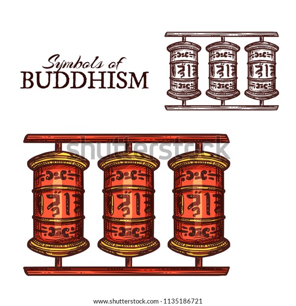 Buddhism religion symbol of Tibetan Buddhist\
prayer wheel sketch. Red wooden cylinder with mantras and golden\
decoration for Tibetan Buddhist monk tradition, Asia and India\
religion themes\
design