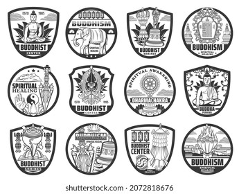 Buddhism Religion Symbols Isolated Vector Icons. Buddhist Symbolic Dharmachakra, Shrines, Lotus And Prayer Wheels. Buddha Statue, Precious Umbrella, Dharma Wheel Or Spiritual Healing And Yoga Practice