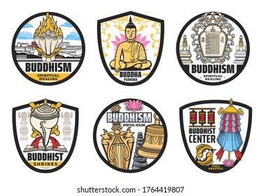 Buddhism religion, Tibet and Buddhist vector symbols. Isolated vector icons of Buddha, lotus, prayer wheels, spiritual bell and dorje, temple stupas, conch shell, fish, parasol and Potala palace