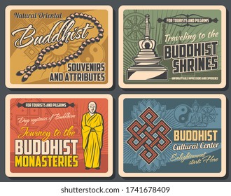 Buddhism religion. Vector Buddhist symbolic stupa, tibetan monk, prayer and dharma wheel, endless knot and beads. Religious souvenirs, journey to monastery, traveling to shrines vintage vector posters