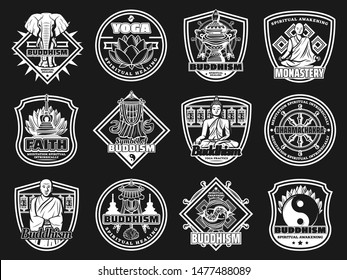 Buddhism religion and yoga icons with vector Buddhist symbols. Buddha, Tibetan monastery prayer wheel and monk, dharma wheel, lotus and Yin Yang, stupa, elephant and endless knot, fish, vase, umbrella