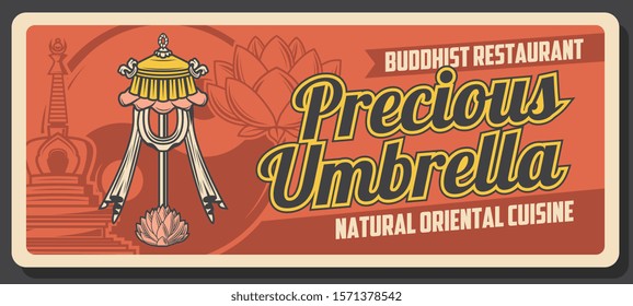 Buddhism religious culture, oriental cuisine restaurant retro poster. Vector Buddhism religion symbols, precious umbrella and lotus flower, Yin Yang sign and sanctuary stupa shrine