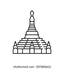 Símbolo religioso del budismo, santuario de Stupa aisló un icono de línea delgada. Vector iluminado Stupa de descenso de Realm, reconciliación y templo de la victoria. Adoración budista e hinduismo Señal de religión dharma