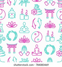 Buddhism seamless pattern with thin line icons: yoga, meditation, Buddha, Yin-Yang, candles, Aum letter, aromatherapy, pagoda, temple. Modern vector illustration.