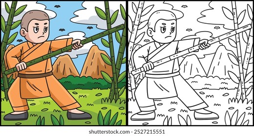 Budismo Shaolin Monk Bamboo Stick Ilustração