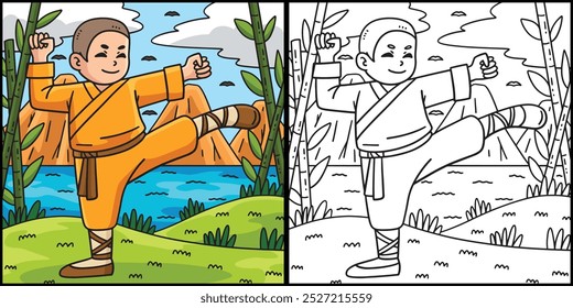 Budismo Shaolin Monk Chutando a Ilustração do Ar