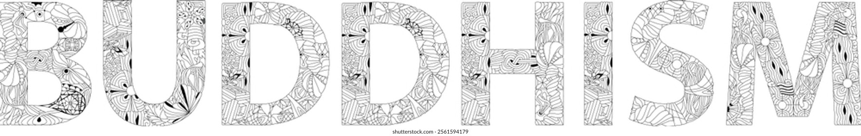 BUDDHISM in the style of abstract hand drawing for coloring. Letters with ornament