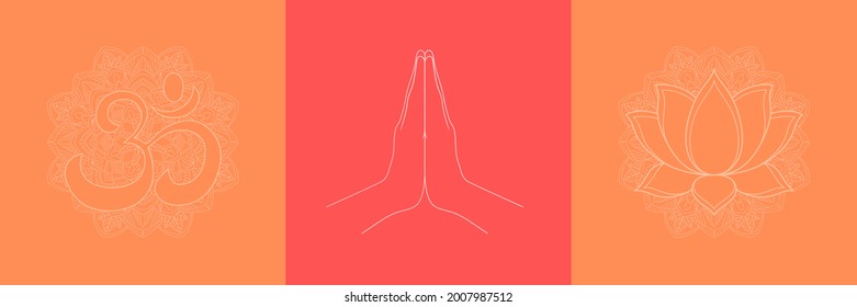 Buddhism symbols cards - aum, lotus flower, namaste. Collection in boho style. Vector illustration