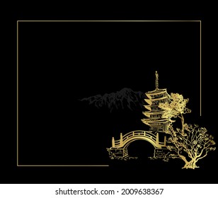 Buddhism temple card nature landscape view landscape card vector sketch illustration japanese chinese oriental line