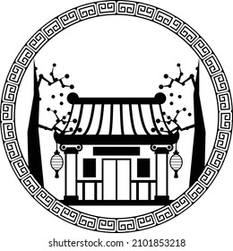 Buddhismus Tempel mit Baumkonzept, Sai Ta Shiku oder Ort der Verehrung Vektor Icon Design, Traditionelles Chinesisches Kultursymbol, Jahr des Tiger 2022 Zeichen, China Reiseführer Stock Illustration