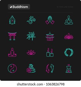 Buddhism thin line icons set: yoga, meditation, Buddha, Yin-Yang, candles, Aum letter, aromatherapy, pagoda, temple. Modern vector illustration for black theme.