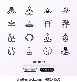 Buddhism Thin Line Icons Set: Yoga, Meditation, Buddha, Yin-Yang, Candles, Aum Letterm Aromatherapy, Pagoda, Temple. Modern Vector Illustration.