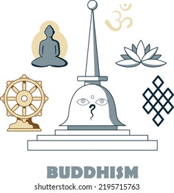 Buddhism. Vector concept of Buddhism symbols.