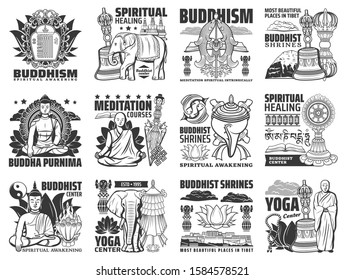 Buddhism vector icons, yoga center and meditation courses signs. Buddha stupa shrines, religious symbols of mudra hand, lotus and monk beads, Tibet Buddhism temples ans spiritual healing