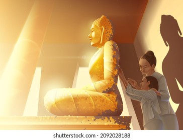 Buddhismus Vektorgrafik der Tante führt ihre Enkelin dazu, das Goldblatt auf der Buddha-Statue zu vergolden und ihr den antiken Thai-Idiom der Vergoldung hinter der Buddha-Statue beizubringen.