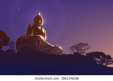 Buddhismus Vektorgrafik einer Buddha-Statue in sitzender Position auf dem Gipfel des Berges mit dem schönen Sonnenlicht scheint von rechts am Morgen auf.