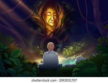 Buddhism vector illustration of a female arahant monk or female holy monk is meditating in front of the mystery buddha statue that is covered with dense plants in the mysterious forest.