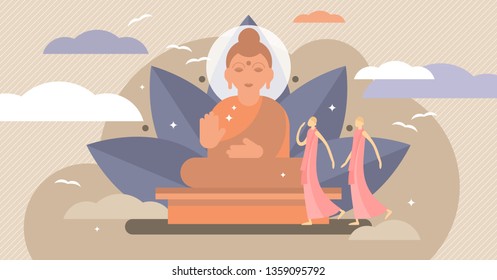 Ilustración vectorial del budismo. Un concepto diminuto de karma religiosa de personas. El yoga tradicional posan el templo buddha. Meditar el estilo de vida del estado y la fe con espíritu étnico. Filosofía de la cultura teológica.