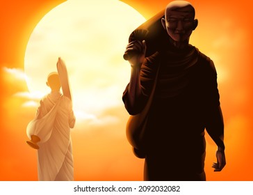 Buddhism vector illustration of a male monk and female monk are walking in an opposite direction, but towards the same destination is Nirvana.
