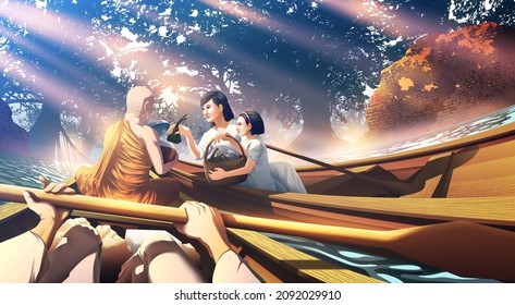 Buddhism vector illustration of mother and daughter rowed their boat to offer foods to a monk in the beautiful morning.