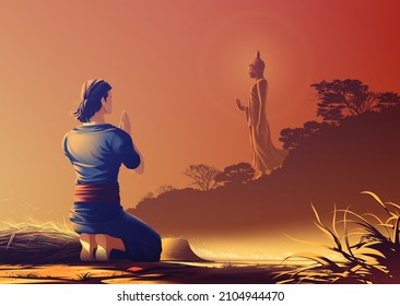 Buddhism vector illustration of a young male farmer is kneeling on the ridge rice farm and worshiping the Buddha for his teachings and goodness.
