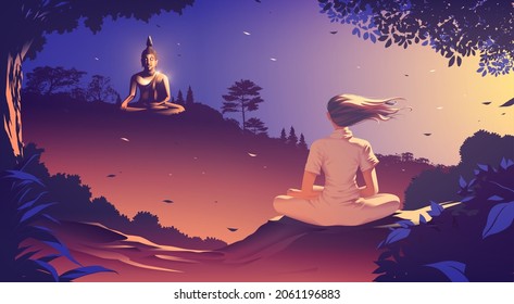 A Buddhism vector illustration of a young woman is meditating on the top of a mountain where she is facing another mountain where the buddha statue in sitting position on the peak of the mountain.