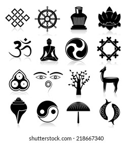Buddhism yoga oriental traditional symbols icons black set isolated vector illustration