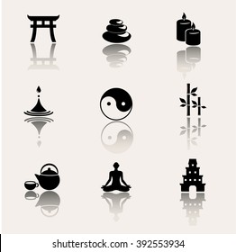 Buddhism, zen, meditation icon set. Vector illustration.