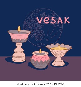 Buddhist altar of three candles, wax in a bowl, lotus-shaped candle. Hand drawn vector illustration for Buddha birthday festival postcard or invitation template. Happy vesak or waisak day card design.