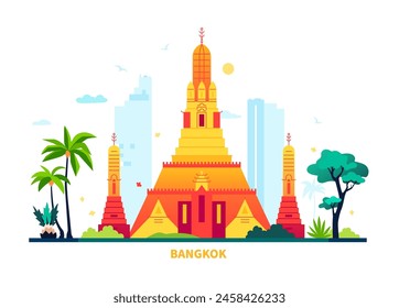 Buddhistisches Gebäude in Bangkok - moderne farbige Vektorillustration mit Sonnenaufgangstempel Wat Arun vor dem Hintergrund einer modernistischen Stadt und Wolkenkratzern. Epochen in der Architektur mischen, asiatische Kulturidee