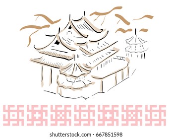 Buddhist or Chinese temple. Pencil drawing, traditional Malaysian ornament. 