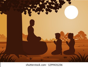 Buddhist couple pay respect to monk politely with faith and believe,silhouette style vector illustration