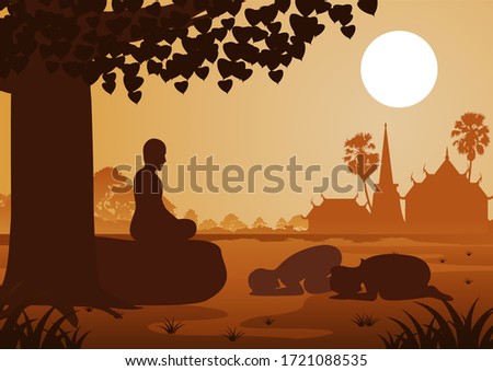 Buddhist couple pay respect to monk politely with faith and believe,silhouette style vector illustration