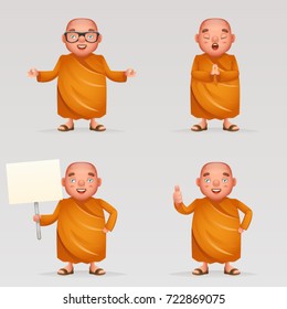 Buddhist cute monk traditional asian buddhist culture religion cartoon 3d realistic character icons design set vector illustration